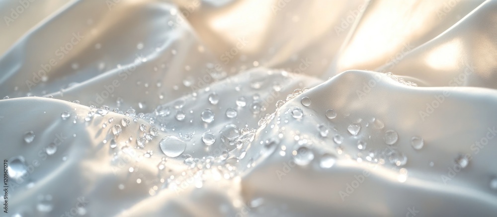 Water droplets on soft, white fabric. Water droplets on soft, white fabric.