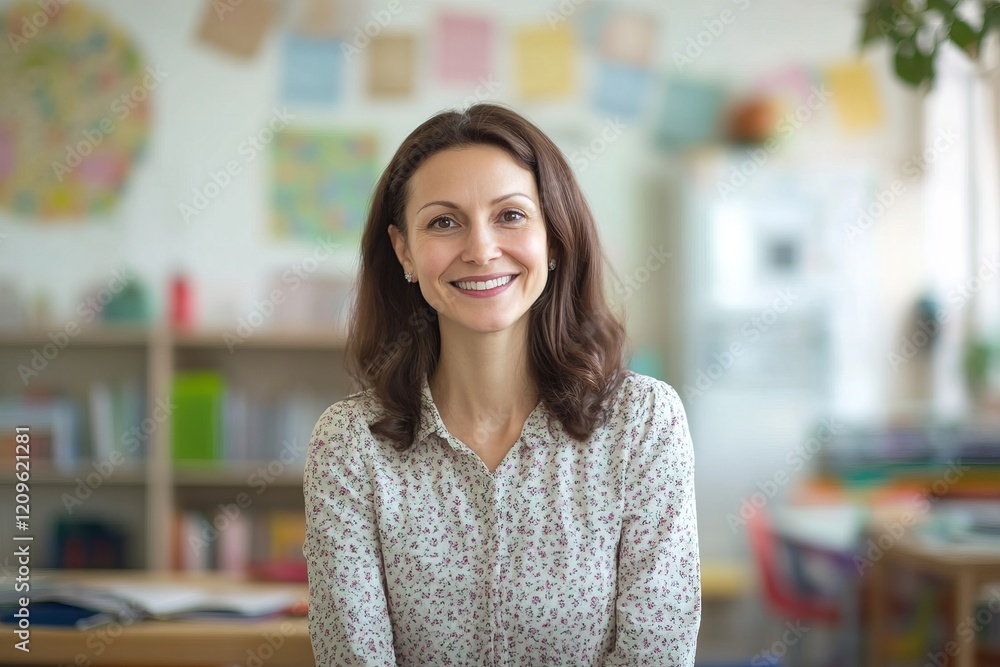 Warmly Smiling Teacher in a Classroom Setting Warmly Smiling Teacher in a Classroom Setting