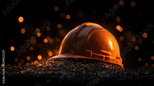 A hard hat rests on a mound of sand, highlighting construction safety equipment in a natural building material environment. photo