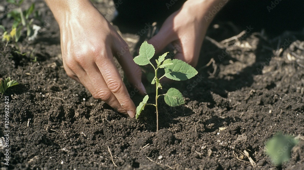 Hands carefully planting a small green seedling in dark soil in an outdoor setting