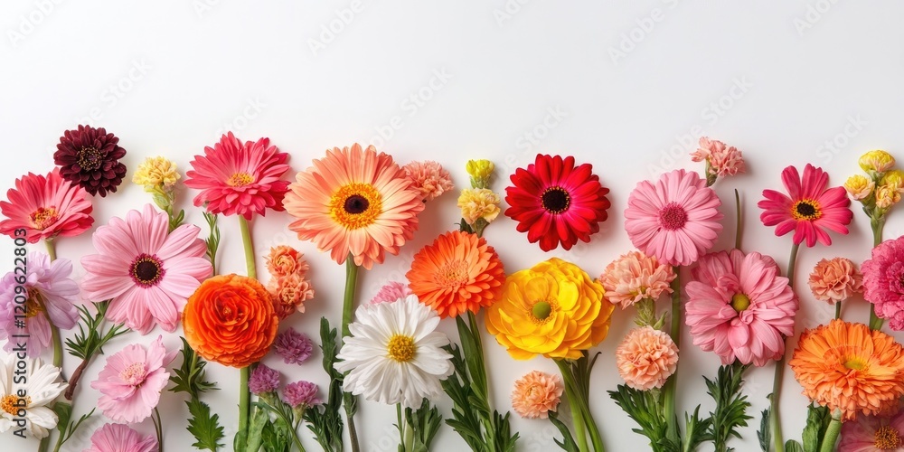Obraz premium Colorful flower arrangement featuring pink, orange, yellow, and red blooms in a horizontal line against a clean white background.