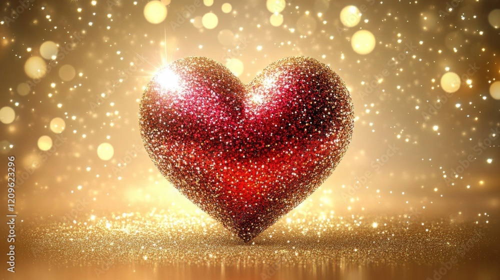 Glittering Red Heart On Golden Sparkling Background Glittering Red Heart On Golden Sparkling Background