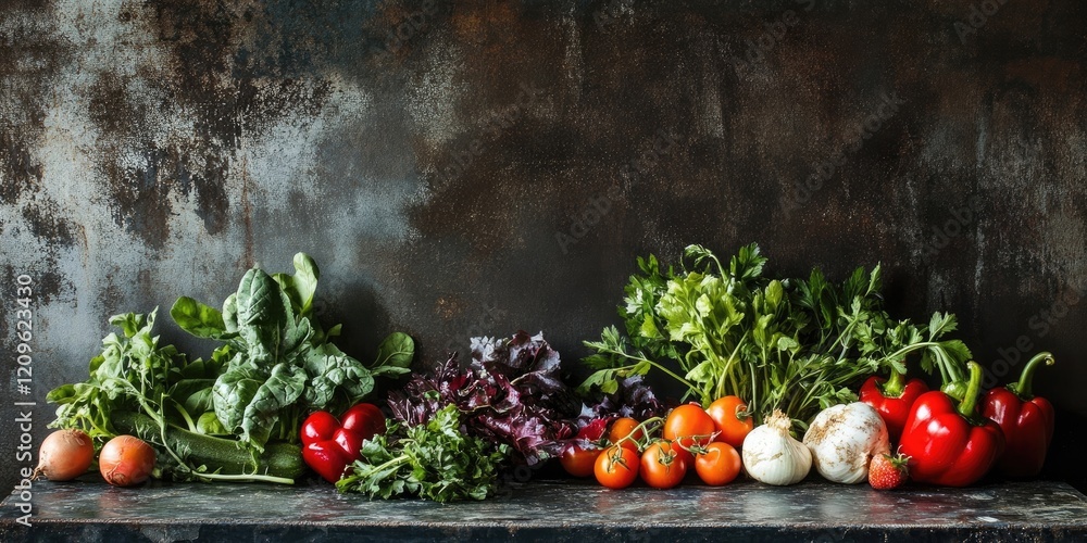 Fresh colorful vegetables arranged on a dark textured metal surface featuring green spinach red bell peppers tomatoes and herbs in vibrant hues Fresh colorful vegetables arranged on a dark textured metal surface featuring green spinach red bell peppers tomatoes and herbs in vibrant hues