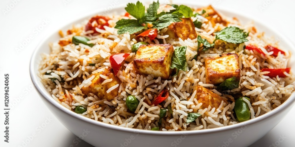 Vegetarian paneer biryani in a white bowl featuring basmati rice colorful bell peppers aromatic spices and fresh mint on a white background Vegetarian paneer biryani in a white bowl featuring basmati rice colorful bell peppers aromatic spices and fresh mint on a white background