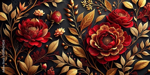Wallpaper Mural Dark Red Floral Artwork with Gold Accents on Black Background - Luxury Elegant Design Stock Photo Torontodigital.ca