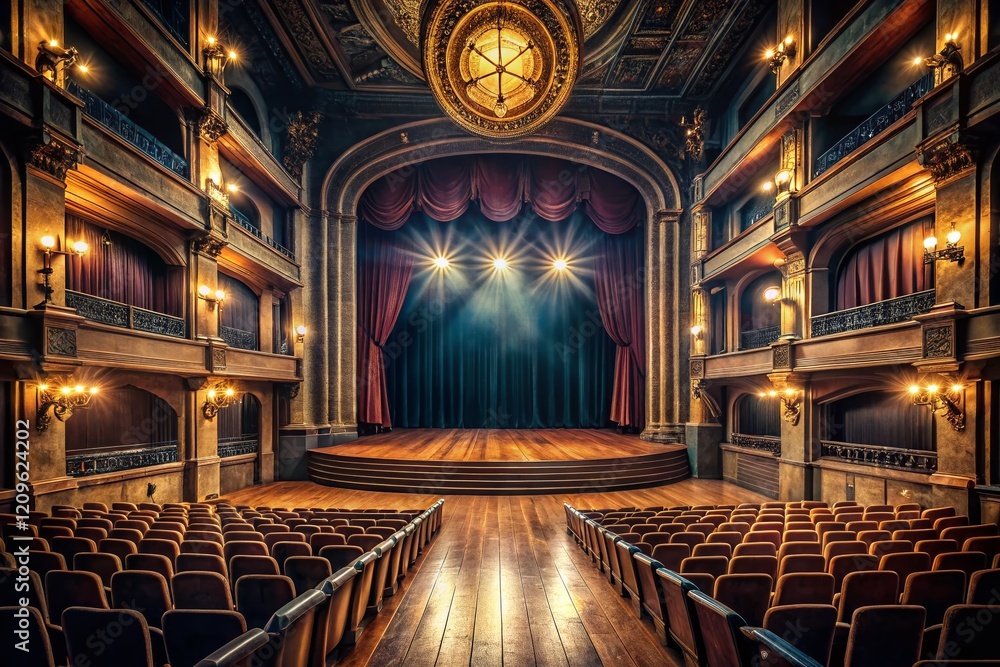 Obraz premium Dark Theater Stage: Empty Seats, Spotlights, Wooden Floor, Dramatic Surreal Photography