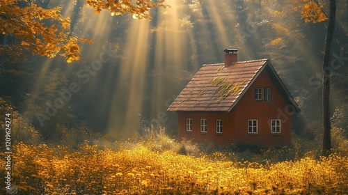 Autumn sunbeams illuminate forest cottage photo