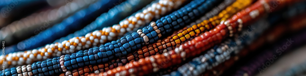 Close-up of Beaded Cords in Blue, Orange, and White Close-up of Beaded Cords in Blue, Orange, and White