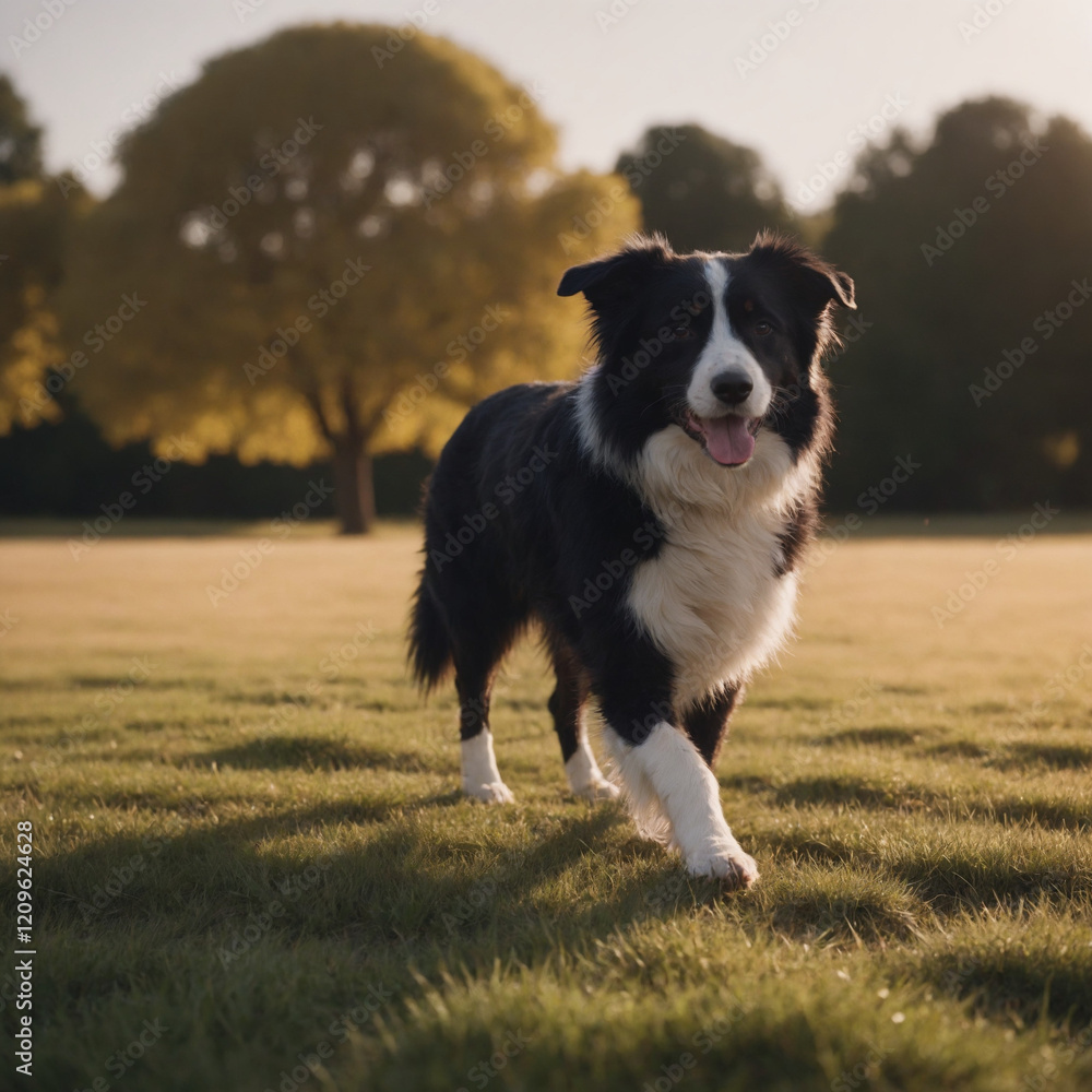 Fototapeta premium Border Collie, Serene Mood, Standing in Field, Sunset Background