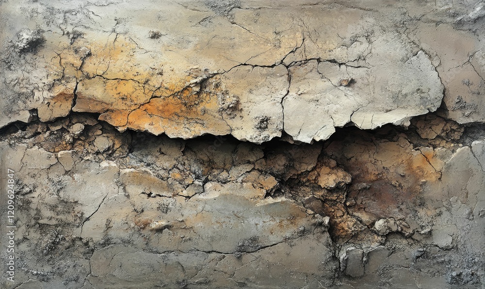 Cracked, textured surface reveals a dark, central break. Cracked, textured surface reveals a dark, central break.