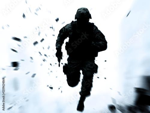 An abstract design of a soldier running through an urban battlefield, symbolizing street combat. Urban battlefield soldier.


 photo