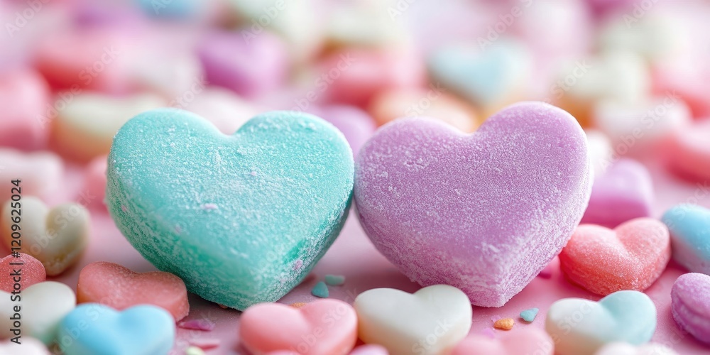 Obraz premium Colorful heart-shaped candies in pink, blue, and purple arranged on a soft pastel background, two larger hearts in focus amidst smaller ones.