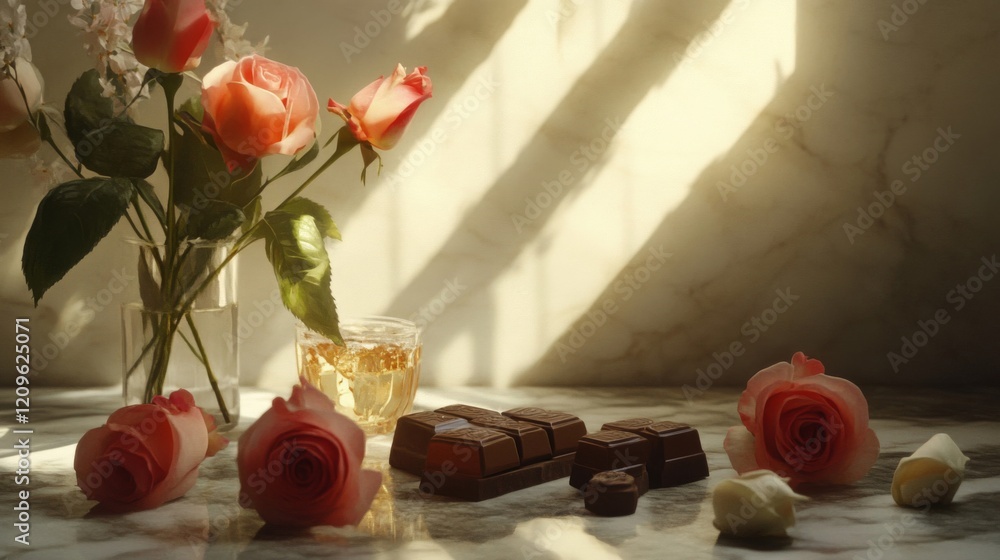 Fototapeta premium Roses chocolates and amber liquid in sunlit setting