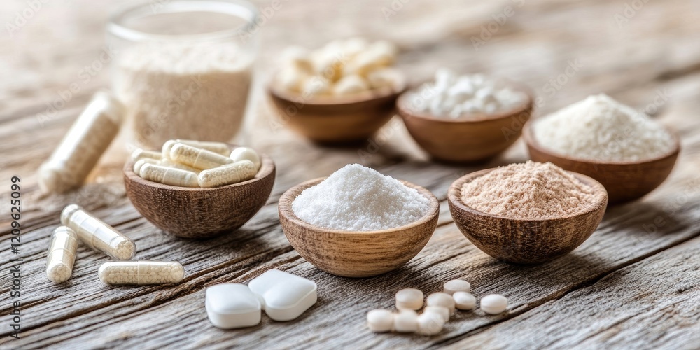Assorted collagen supplements in wooden bowls including powders capsules and tablets on a rustic wooden surface with neutral tones. Assorted collagen supplements in wooden bowls including powders capsules and tablets on a rustic wooden surface with neutral tones.