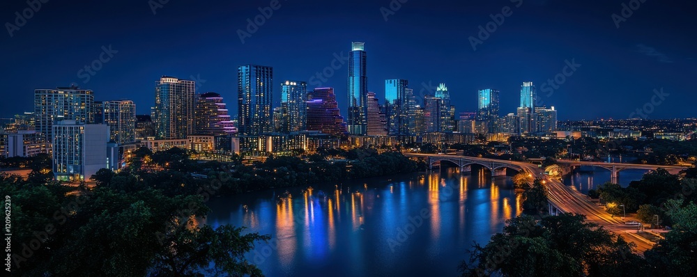 Obraz premium A panoramic view of a city skyline at night, with lights twinkling like stars against the dark sky.