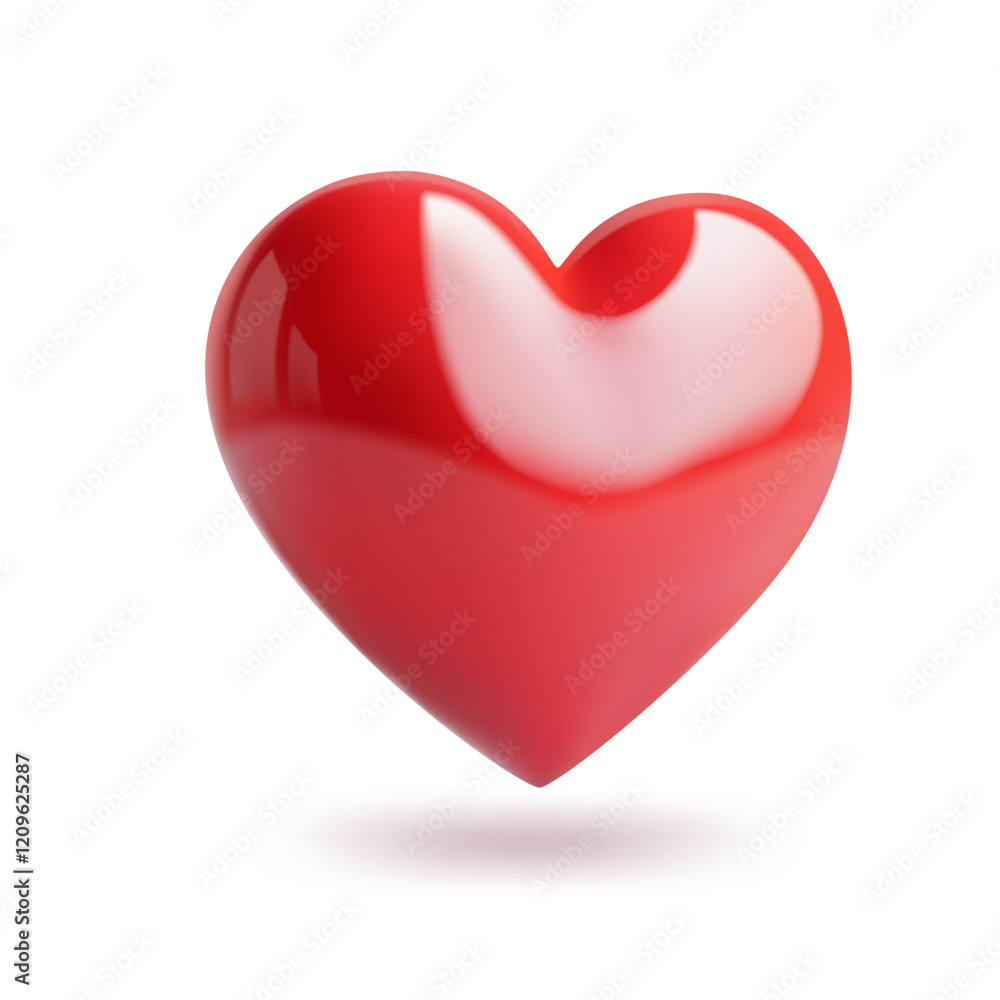 Red realistic glossy heart in perspective with reflections, 3D vector icon on white background. Red realistic glossy heart in perspective with reflections, 3D vector icon on white background.
