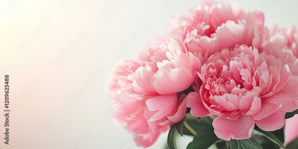 Vibrant pink peonies in a lush cluster against a soft light backdrop with ample empty space for text ideal for greeting card or banner design Vibrant pink peonies in a lush cluster against a soft light backdrop with ample empty space for text ideal for greeting card or banner design