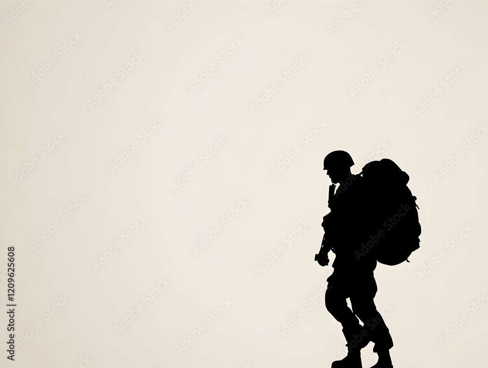 An outline of a soldier walking with a weapon in hand, symbolizing preparedness for combat. Soldier walking vector.
An outline of a soldier walking with a weapon in hand, symbolizing preparedness for combat. Soldier walking vector.