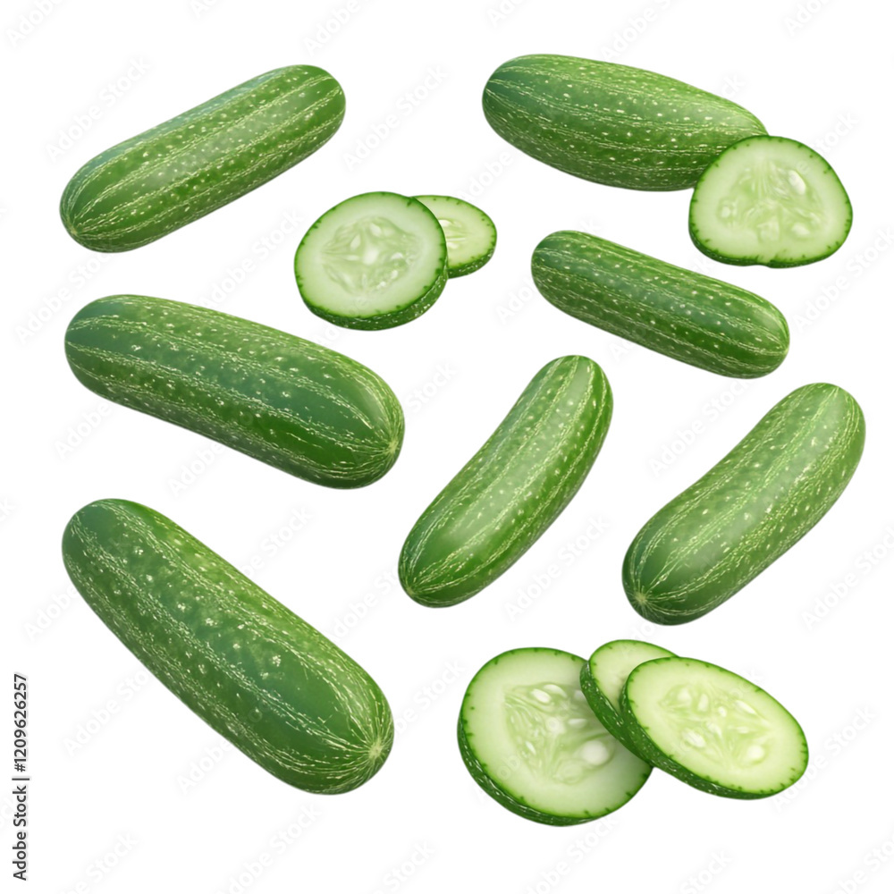 Fresh Green Cucumbers Whole and Sliced Healthy Food Fresh Green Cucumbers Whole and Sliced Healthy Food