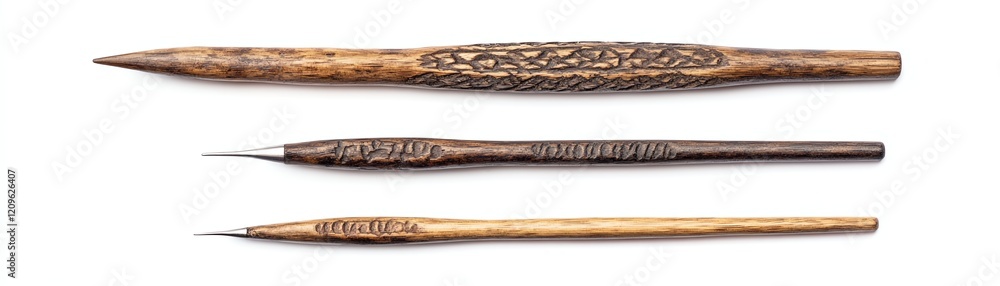 Three intricately carved wooden skewers on a white isolated background. Three intricately carved wooden skewers on a white isolated background.
