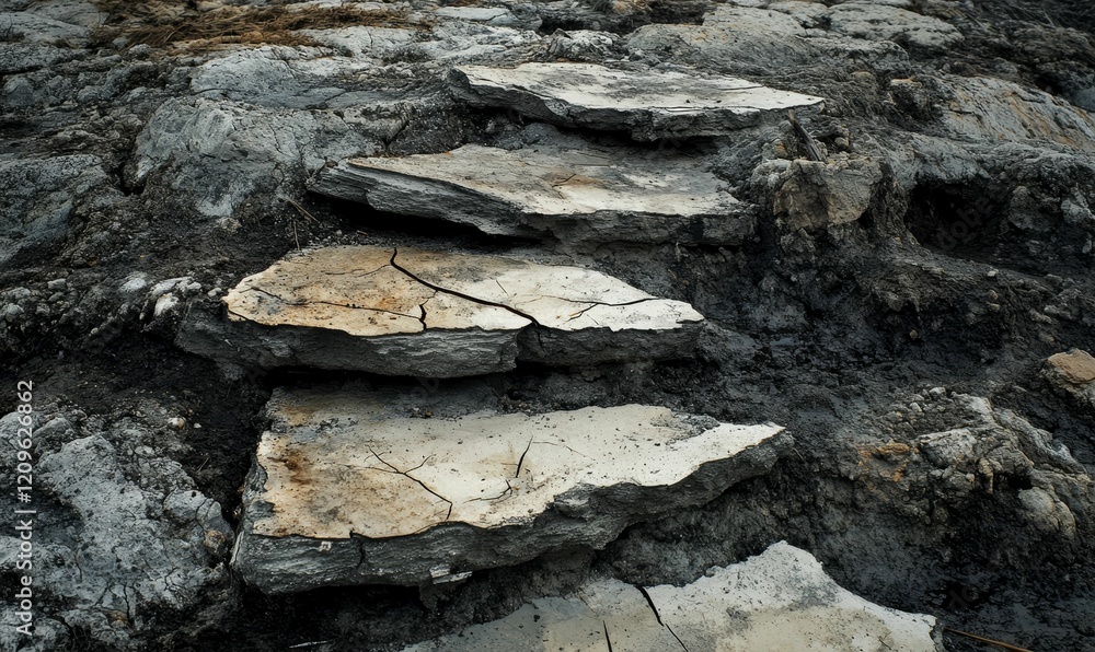 Fototapeta premium Stepped cracked stone, rough, with some dark mud, rocky.