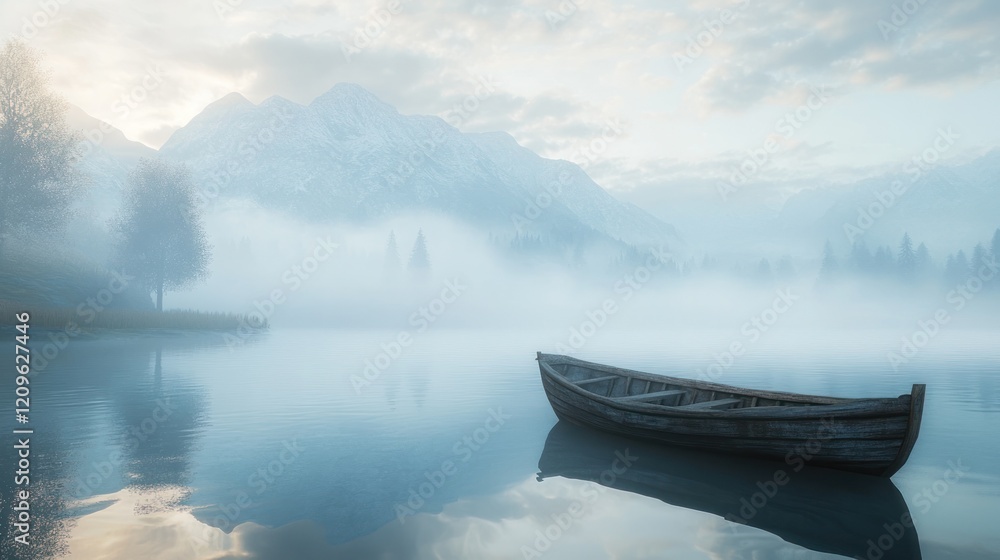 Serene misty lake with a wooden rowboat and snow-capped mountains in the background. Serene misty lake with a wooden rowboat and snow-capped mountains in the background.