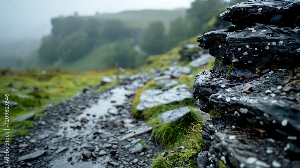 Rainy day hike, rocky path, misty valley. Nature background, travel imagery Rainy day hike, rocky path, misty valley. Nature background, travel imagery