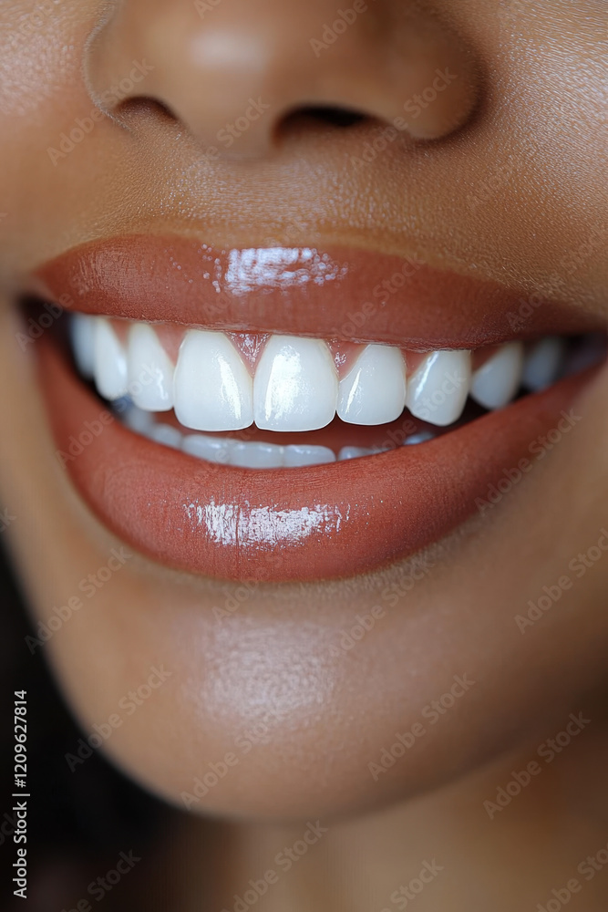 Fototapeta premium A close-up of a smiling person with bright white teeth and glossy lips. The healthy and well-aligned teeth create an attractive and confident look.