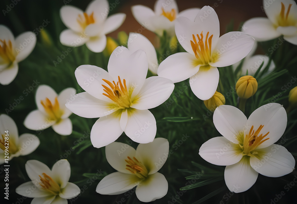Fototapeta premium Delicate white flowers with yellow centers blooming in a lush green setting