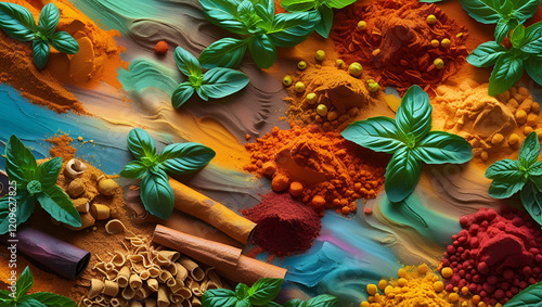 Colourful various Seasonings spices and herbs ingredients for cooking ai genrative photo