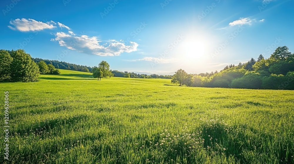 Obraz premium Lush green meadow under clear blue sky