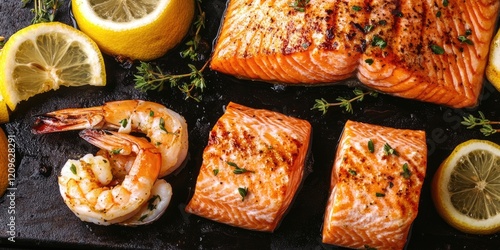 Grilled salmon fillets and prawns garnished with lemon slices and fresh herbs on a dark stone background showcasing vibrant yellow and orange colors photo