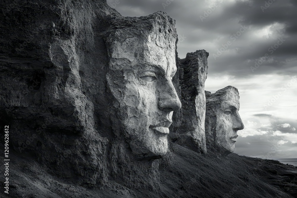 Stone faces carved into cliffs under a cloudy sky. Stone faces carved into cliffs under a cloudy sky.