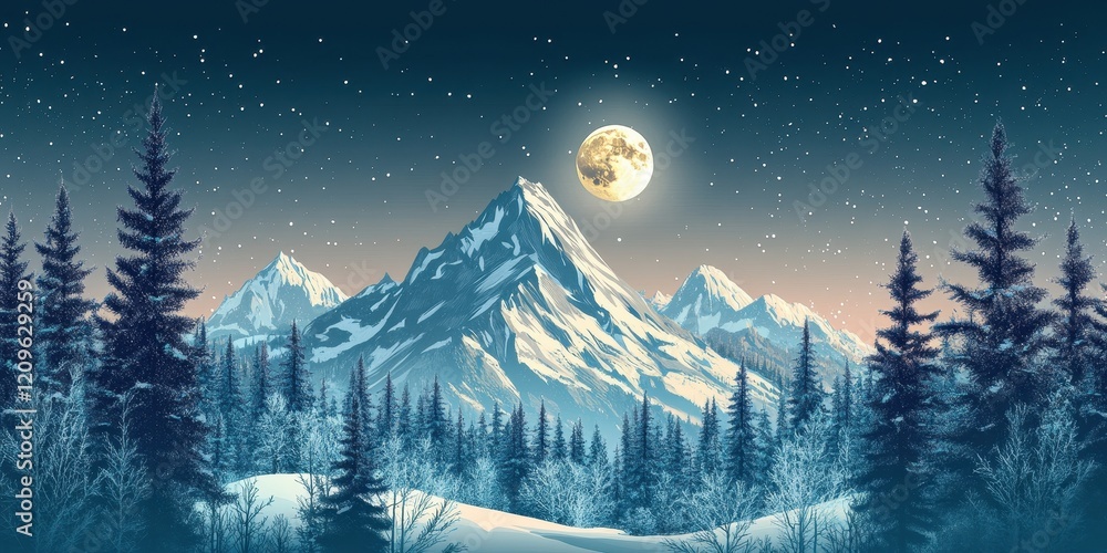 Fototapeta premium Majestic Winter Mountain Landscape Underneath a Full Moon