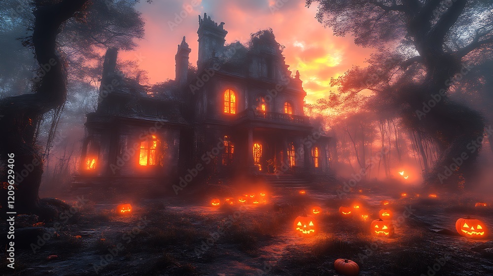 Obraz premium Haunted mansion at sunset with glowing pumpkins.