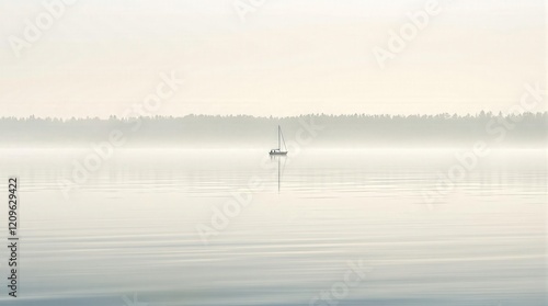 Serene sailboat on calm misty lake at sunrise. Peaceful and tranquil scene with perfect reflection. Ideal for travel, nature, and relaxation themes