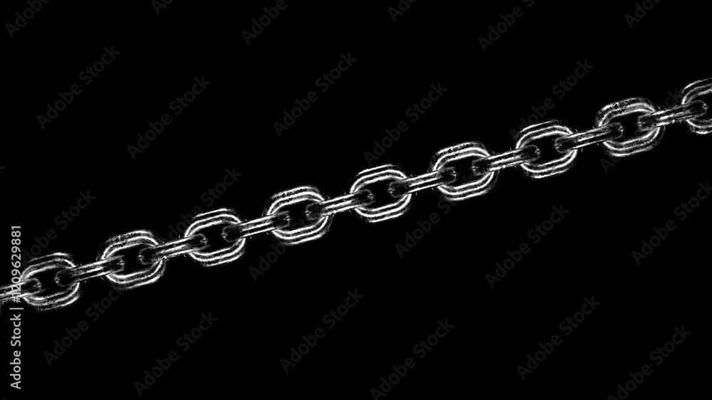 Diagonal rough silver chain links moving with loop, overlay with alpha channel 3d render. Chains design element, data loading, establishing links, connecting, merging, grunge style Diagonal rough silver chain links moving with loop, overlay with alpha channel 3d render. Chains design element, data loading, establishing links, connecting, merging, grunge style