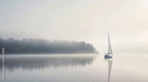 Serene sailboat on calm misty lake at sunrise. Peaceful and tranquil scene with perfect reflection. Ideal for travel, nature, and relaxation themes