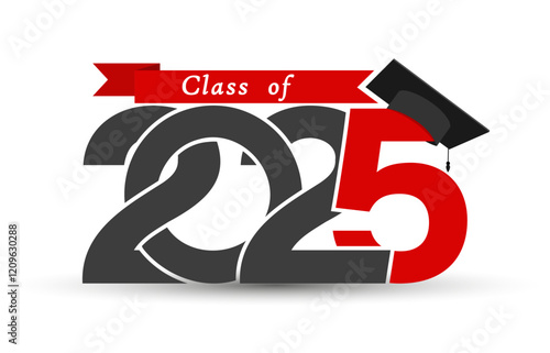 Class 2025. Stylized inscription with the year and the graduate's cap. Vector illustration for graduation themed design, simple style.