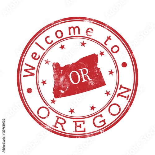 Welcome to Oregon. A worn stamp with a silhouette of the state and an abbreviated designation. Print impression, a template for creative design