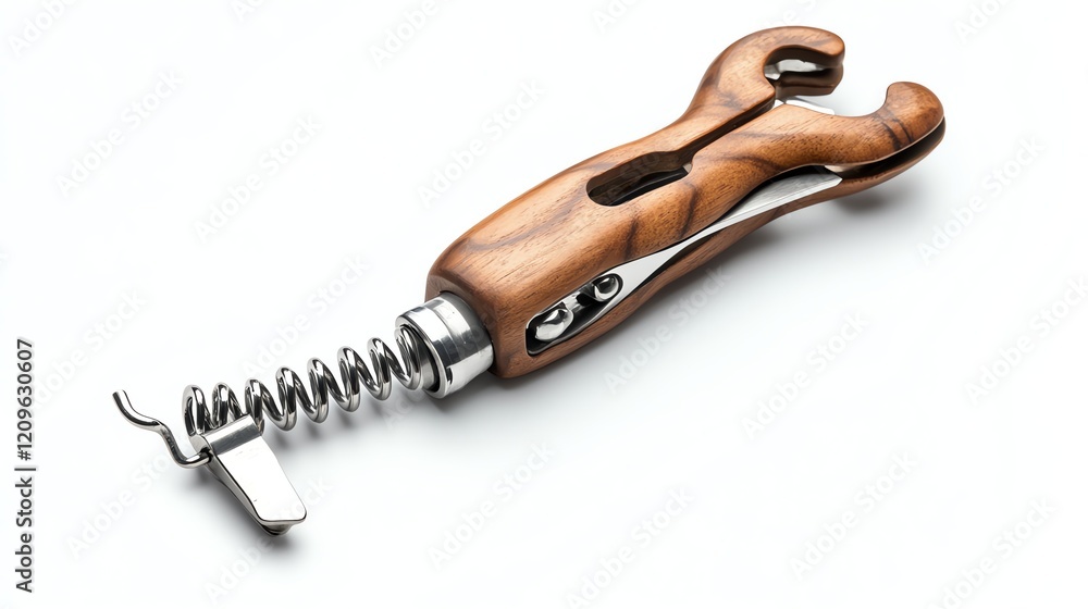 Elegant corkscrew with wooden handle on white isolated background. Elegant corkscrew with wooden handle on white isolated background.