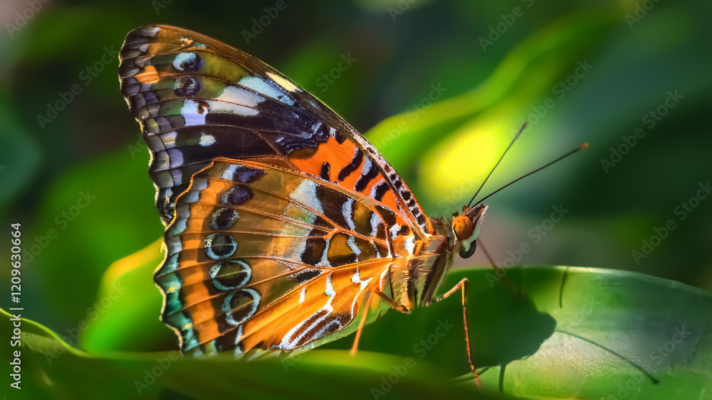 A close-up shot of a butterfly perched on a leaf, displaying intricate orange, black, and blue wing patterns, highlighting the delicate beauty and vibrant colors of nature. A close-up shot of a butterfly perched on a leaf, displaying intricate orange, black, and blue wing patterns, highlighting the delicate beauty and vibrant colors of nature.