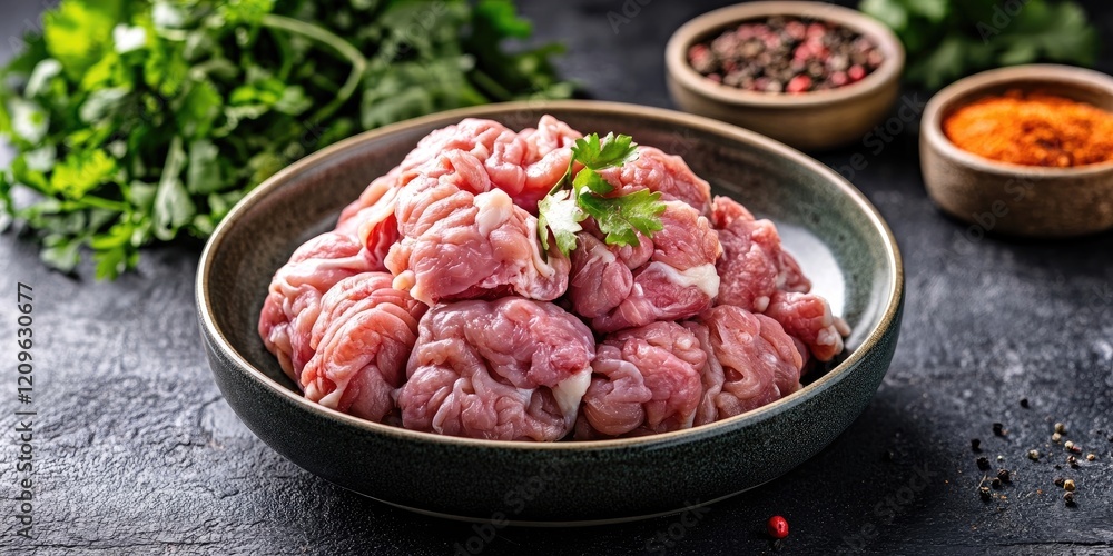 Raw goat brain with fresh coriander on top displayed in a dark bowl surrounded by spices and herbs, set against a textured black background. Raw goat brain with fresh coriander on top displayed in a dark bowl surrounded by spices and herbs, set against a textured black background.