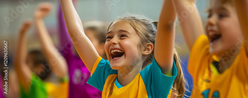 Children celebrating point during youth volleyball game, showcasing joy and teamwork. atmosphere is filled with excitement and camaraderie among young athletes