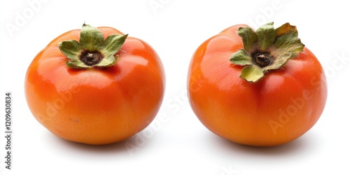 Ripe Fuyu persimmons in vibrant orange with green calyx on top positioned close together against a clean white background showcasing their texture. photo