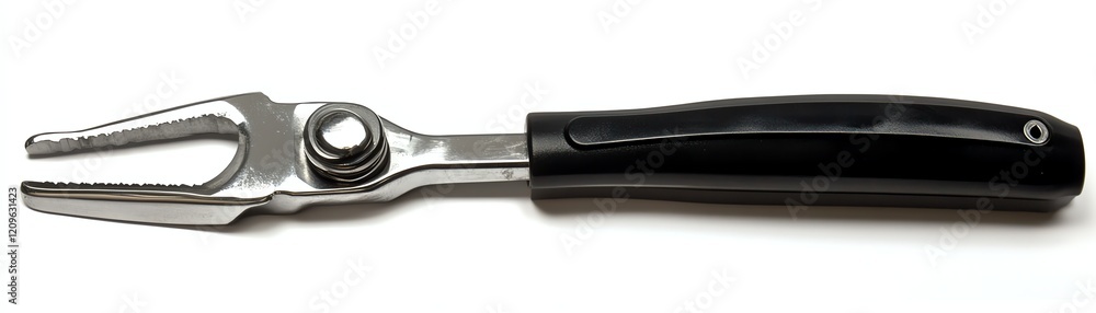Gardening tool with prongs, black handle, isolated on white background. Gardening tool with prongs, black handle, isolated on white background.