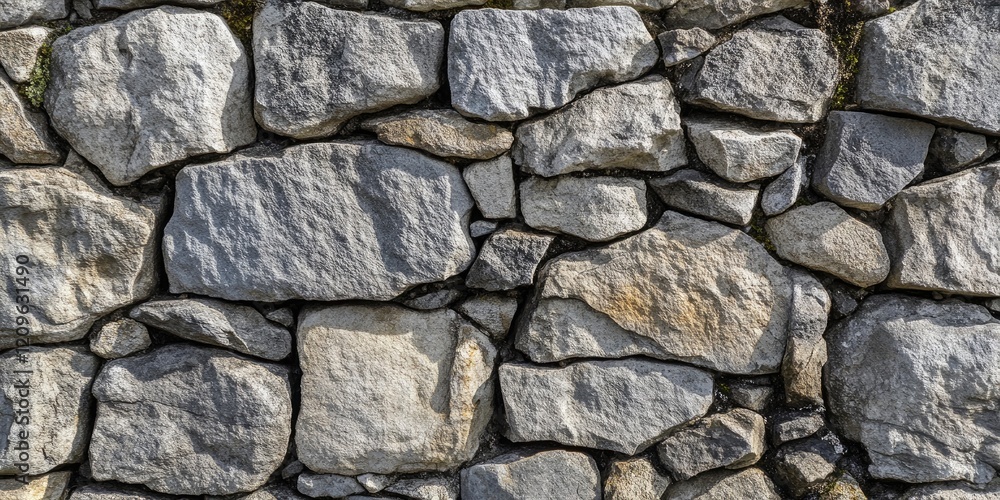 Stone wall texture featuring irregularly shaped grey and light beige rocks closely packed together with subtle shadows and natural crevices. Stone wall texture featuring irregularly shaped grey and light beige rocks closely packed together with subtle shadows and natural crevices.