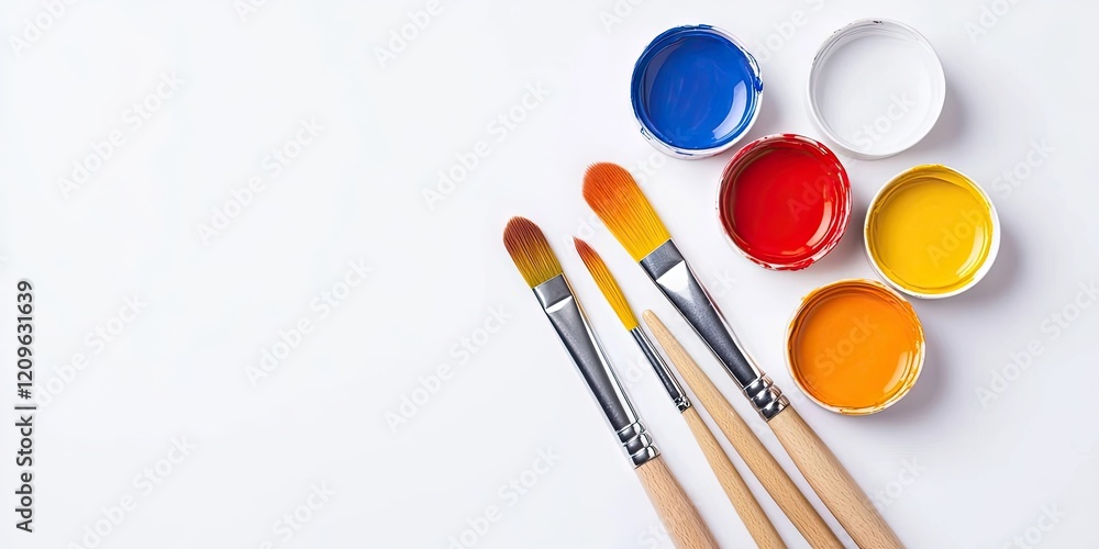 Two orange brushes positioned diagonally with yellow, blue, red, and white gouache paint cans against a white background top view flat lay. Two orange brushes positioned diagonally with yellow, blue, red, and white gouache paint cans against a white background top view flat lay.