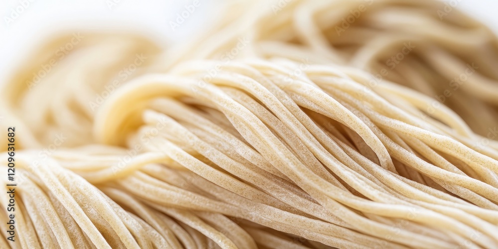 Raw soba noodles arranged tightly in a soft beige mound against a bright white background highlighting their fine texture and intricate details. Raw soba noodles arranged tightly in a soft beige mound against a bright white background highlighting their fine texture and intricate details.