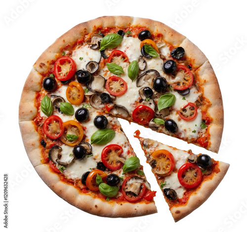 Delicious vegetarian pizza with champignon mushrooms, tomatoes, mozzarella, peppers and black olives, cut out
